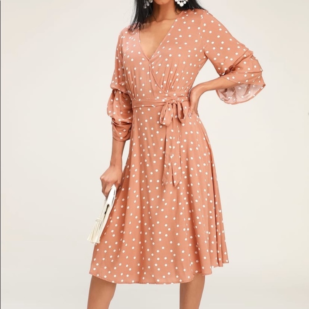 Rusty Rose and White Polka Dot Wrap Midi Dress
